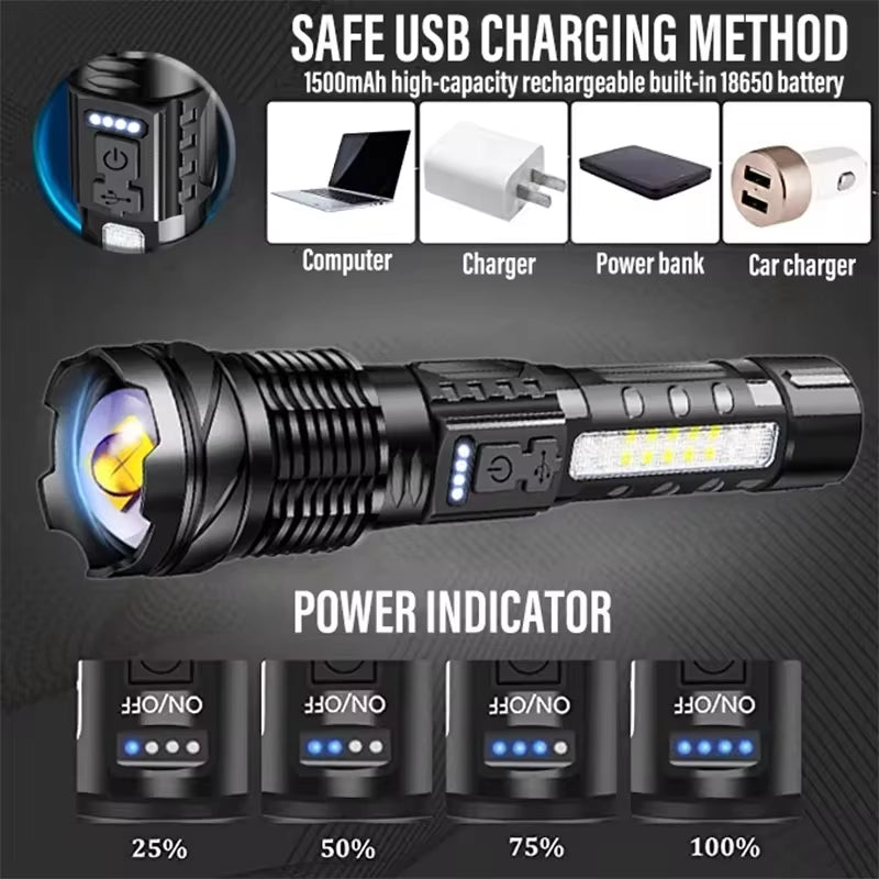 Powerful XHP50 LED Flashlight Waterproof 18650 Torch with Side Light 7 Modes Camping Fishing Lantern USB Rechargeable Zoom Lamp